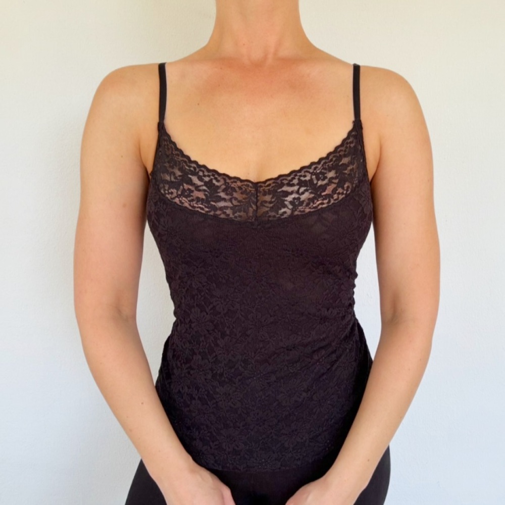 Black sheer lined lace spandex stretch m spaghetti strap camisole tank top large